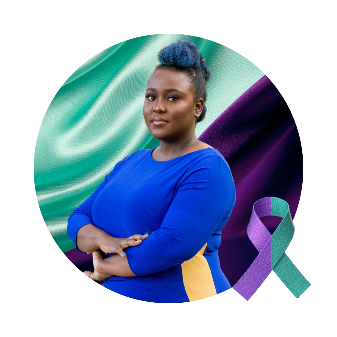 A headshot of Makella Coudray with teal and purple to represent support for sexual assault and domestic violence survivors.