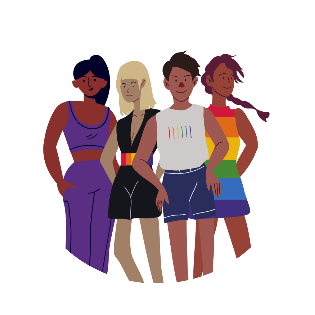 4 people stand side by side. One is wearing a rainbow belt to represent pride for LGBTQIA+. Another is wearing a rainbow dress.