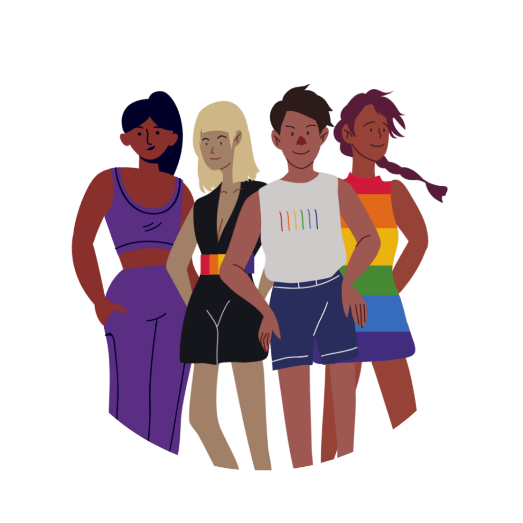 4 people stand side by side. One is wearing a rainbow belt to represent pride for LGBTQIA+. Another is wearing a rainbow dress.